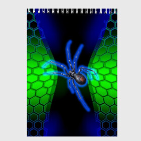 Скетчбук с принтом Паук на ночной охоте в Курске, 100% бумага
 | 48 листов, плотность листов — 100 г/м2, плотность картонной обложки — 250 г/м2. Листы скреплены сверху удобной пружинной спиралью | зеленая броня | зеленый неон | классный дизайн | ночь | паук | паук дизайн | паук на охоте | паук охотник | пчелиные | соты | темная футболка | футболка с пауком | черные соты
