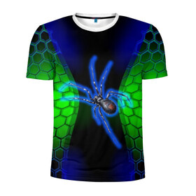 Мужская футболка 3D спортивная с принтом Паук на ночной охоте в Курске, 100% полиэстер с улучшенными характеристиками | приталенный силуэт, круглая горловина, широкие плечи, сужается к линии бедра | зеленая броня | зеленый неон | классный дизайн | ночь | паук | паук дизайн | паук на охоте | паук охотник | пчелиные | соты | темная футболка | футболка с пауком | черные соты