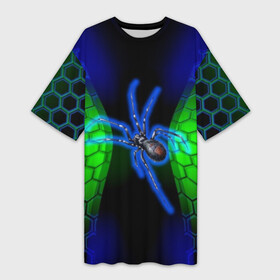 Платье-футболка 3D с принтом Паук на ночной охоте в Курске,  |  | Тематика изображения на принте: зеленая броня | зеленый неон | классный дизайн | ночь | паук | паук дизайн | паук на охоте | паук охотник | пчелиные | соты | темная футболка | футболка с пауком | черные соты