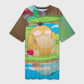 Платье-футболка 3D с принтом Псайдак в Курске,  |  | detective pikachu | pikachu | pokeball | pokemon | psyduck | детектив пикачу | пикачу | покебол | покемон | псайдак