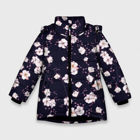 Зимняя куртка для девочек 3D с принтом blossom cherry flower в Курске, ткань верха — 100% полиэстер; подклад — 100% полиэстер, утеплитель — 100% полиэстер. | длина ниже бедра, удлиненная спинка, воротник стойка и отстегивающийся капюшон. Есть боковые карманы с листочкой на кнопках, утяжки по низу изделия и внутренний карман на молнии. 

Предусмотрены светоотражающий принт на спинке, радужный светоотражающий элемент на пуллере молнии и на резинке для утяжки. | art | flowers | leaves | арт | букет | лепестки | листья | художество | цветок | цветы