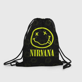 Рюкзак-мешок 3D с принтом Nirvana 1 в Курске, 100% полиэстер | плотность ткани — 200 г/м2, размер — 35 х 45 см; лямки — толстые шнурки, застежка на шнуровке, без карманов и подкладки | cobain | kurt | kurt cobain | nirvana | rock | smile | гитара | кобейн | курт | курт кобейн | нирвана | рок