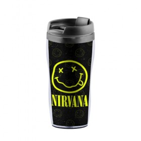 Термокружка-непроливайка с принтом Nirvana 1 в Курске, внутренняя часть — пищевой пластик, наружная часть — прозрачный пластик, между ними — полиграфическая вставка с рисунком | объем — 350 мл, герметичная крышка | cobain | kurt | kurt cobain | nirvana | rock | smile | гитара | кобейн | курт | курт кобейн | нирвана | рок