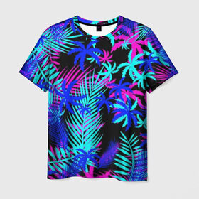 Мужская футболка 3D с принтом НЕОНОВЫЕ ТРОПИКИ в Курске, 100% полиэфир | прямой крой, круглый вырез горловины, длина до линии бедер | Тематика изображения на принте: hotline miami | neon | new retro wave | outrun | outrun electro | paints | palmen | rainbow | retro | retrowave | summer | synth | synthwave | tropical | брызги | брызги красок | звёзды | космос | краски | лето | неон | пальмы | радуга | 