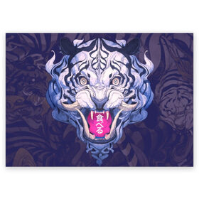 Поздравительная открытка с принтом ТИГР в Курске, 100% бумага | плотность бумаги 280 г/м2, матовая, на обратной стороне линовка и место для марки
 | 24 на 7 тигр | арт | взгляд | иллюстрация | клыки | кот | коты | котяра | кошка | кошки | самурай | свирепый взгляд | скетч | тигр | тигры | цифровой рисунок | япония | японский арт | японский тигр