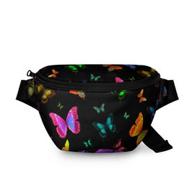 Поясная сумка 3D с принтом Ночные Бабочки в Курске, 100% полиэстер | плотная ткань, ремень с регулируемой длиной, внутри несколько карманов для мелочей, основное отделение и карман с обратной стороны сумки застегиваются на молнию | butterfly | бабочка | бабочки | биология | животные | краски | крылья | насекомые | ночь | разноцветные | черный | яркие