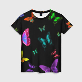 Женская футболка 3D с принтом Ночные Бабочки в Курске, 100% полиэфир ( синтетическое хлопкоподобное полотно) | прямой крой, круглый вырез горловины, длина до линии бедер | butterfly | бабочка | бабочки | биология | животные | краски | крылья | насекомые | ночь | разноцветные | черный | яркие