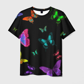 Мужская футболка 3D с принтом Ночные Бабочки в Курске, 100% полиэфир | прямой крой, круглый вырез горловины, длина до линии бедер | butterfly | бабочка | бабочки | биология | животные | краски | крылья | насекомые | ночь | разноцветные | черный | яркие