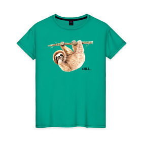 Женская футболка хлопок с принтом Ленивец в Курске, 100% хлопок | прямой крой, круглый вырез горловины, длина до линии бедер, слегка спущенное плечо | Тематика изображения на принте: sloth | ленивец | ленивцы