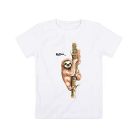 Детская футболка хлопок с принтом Ленивец в Курске, 100% хлопок | круглый вырез горловины, полуприлегающий силуэт, длина до линии бедер | Тематика изображения на принте: sloth | ленивец | ленивцы