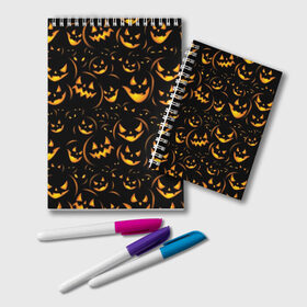 Блокнот с принтом Хэллоуин в Курске, 100% бумага | 48 листов, плотность листов — 60 г/м2, плотность картонной обложки — 250 г/м2. Листы скреплены удобной пружинной спиралью. Цвет линий — светло-серый
 | background | black | color | eyes | fangs | halloween | holiday | horror | orange | pumpkin | sinister | teeth | vegetable | yellow | глаза | желтый | зловещий | зубы | клыки | овощ | оранжевый | праздник | тыквы | ужас | фон | хэллоуин | цвет | черный