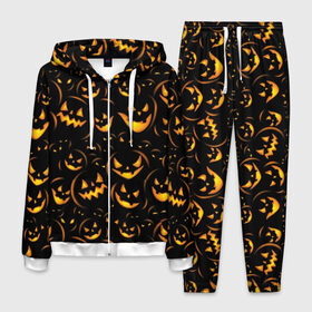Мужской костюм 3D с принтом Хэллоуин в Курске, 100% полиэстер | Манжеты и пояс оформлены тканевой резинкой, двухслойный капюшон со шнурком для регулировки, карманы спереди | background | black | color | eyes | fangs | halloween | holiday | horror | orange | pumpkin | sinister | teeth | vegetable | yellow | глаза | желтый | зловещий | зубы | клыки | овощ | оранжевый | праздник | тыквы | ужас | фон | хэллоуин | цвет | черный
