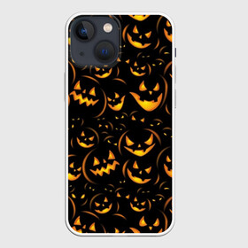 Чехол для iPhone 13 mini с принтом Хэллоуин в Курске,  |  | background | black | color | eyes | fangs | halloween | holiday | horror | orange | pumpkin | sinister | teeth | vegetable | yellow | глаза | желтый | зловещий | зубы | клыки | овощ | оранжевый | праздник | тыквы | ужас | фон | хэллоуин | цвет | черный