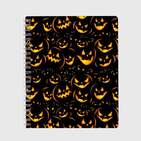 Тетрадь с принтом Хэллоуин в Курске, 100% бумага | 48 листов, плотность листов — 60 г/м2, плотность картонной обложки — 250 г/м2. Листы скреплены сбоку удобной пружинной спиралью. Уголки страниц и обложки скругленные. Цвет линий — светло-серый
 | background | black | color | eyes | fangs | halloween | holiday | horror | orange | pumpkin | sinister | teeth | vegetable | yellow | глаза | желтый | зловещий | зубы | клыки | овощ | оранжевый | праздник | тыквы | ужас | фон | хэллоуин | цвет | черный
