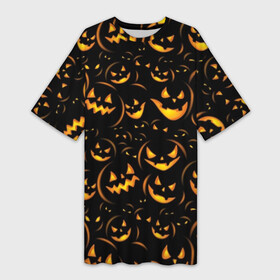 Платье-футболка 3D с принтом Хэллоуин в Курске,  |  | background | black | color | eyes | fangs | halloween | holiday | horror | orange | pumpkin | sinister | teeth | vegetable | yellow | глаза | желтый | зловещий | зубы | клыки | овощ | оранжевый | праздник | тыквы | ужас | фон | хэллоуин | цвет | черный