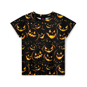 Детская футболка 3D с принтом Хэллоуин в Курске, 100% гипоаллергенный полиэфир | прямой крой, круглый вырез горловины, длина до линии бедер, чуть спущенное плечо, ткань немного тянется | background | black | color | eyes | fangs | halloween | holiday | horror | orange | pumpkin | sinister | teeth | vegetable | yellow | глаза | желтый | зловещий | зубы | клыки | овощ | оранжевый | праздник | тыквы | ужас | фон | хэллоуин | цвет | черный