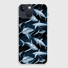 Чехол для iPhone 13 mini с принтом Акулы в Курске,  |  | abyss | background | black | blue | bubbles | color | danger | depth | fin | mu | nature | ocean | predator | sea | shark | sharp | tail | teeth | акула | бездна | водоросли | глубина | зубы | море | океан | опасность | острые | плавник 