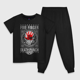 Детская пижама хлопок с принтом Five Finger Death Punch в Курске, 100% хлопок |  брюки и футболка прямого кроя, без карманов, на брюках мягкая резинка на поясе и по низу штанин
 | Тематика изображения на принте: 5fdp | ffdp | five finger death punch | metal | альтернатива | группы | метал | музыка | хеви метал