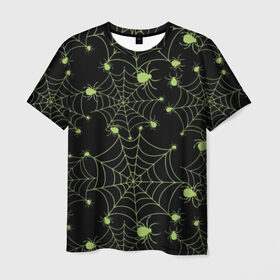 Мужская футболка 3D с принтом Зелёная паутина в Курске, 100% полиэфир | прямой крой, круглый вырез горловины, длина до линии бедер | background | black | cobweb | color | gothic | green | halloween | holiday | insect | pattern | spider | weave | web | готика | зеленый | насекомое | паук | паутина | плести | праздник | сеть | узор | фон | хэллоуин | цвет | черный