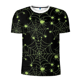 Мужская футболка 3D спортивная с принтом Зелёная паутина в Курске, 100% полиэстер с улучшенными характеристиками | приталенный силуэт, круглая горловина, широкие плечи, сужается к линии бедра | Тематика изображения на принте: background | black | cobweb | color | gothic | green | halloween | holiday | insect | pattern | spider | weave | web | готика | зеленый | насекомое | паук | паутина | плести | праздник | сеть | узор | фон | хэллоуин | цвет | черный