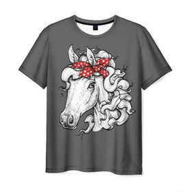 Мужская футболка 3D с принтом Белая лошадь в Курске, 100% полиэфир | прямой крой, круглый вырез горловины, длина до линии бедер | animal | background | bandana | black | color | cool | fauna | gray | head | headdre | hipster | horse | image | look | mane | red | white | world | бандана | белый | взгляд | голова | головной | грива | животное | животный | имидж | конь | красный | лоша