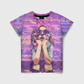 Детская футболка 3D с принтом Девушка в очках в Курске, 100% гипоаллергенный полиэфир | прямой крой, круглый вырез горловины, длина до линии бедер, чуть спущенное плечо, ткань немного тянется | background | blue | bright | color | colorful | cool | cyberpunk | girl | hairstyle | pink | purple | scho | skirt | student | девочка | девушка | киберпанк | круто | очки | прикольно | прическа | разноцветный | розовый | рубашка | син