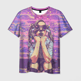 Мужская футболка 3D с принтом Девушка в очках в Курске, 100% полиэфир | прямой крой, круглый вырез горловины, длина до линии бедер | background | blue | bright | color | colorful | cool | cyberpunk | girl | hairstyle | pink | purple | scho | skirt | student | девочка | девушка | киберпанк | круто | очки | прикольно | прическа | разноцветный | розовый | рубашка | син