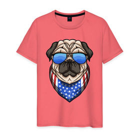 Мужская футболка хлопок с принтом Крутой Мопс в Курске, 100% хлопок | прямой крой, круглый вырез горловины, длина до линии бедер, слегка спущенное плечо. | pug | америка | мопс | мопсы | собака | собаки | сша