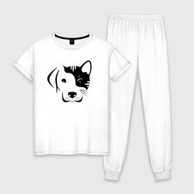 Женская пижама хлопок с принтом Котопес в Курске, 100% хлопок | брюки и футболка прямого кроя, без карманов, на брюках мягкая резинка на поясе и по низу штанин | cat | dog | kitten | unity | единство | кот | котенок | кошка | пес | собака