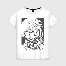Женская футболка хлопок с принтом Гагарин в Курске, 100% хлопок | прямой крой, круглый вырез горловины, длина до линии бедер, слегка спущенное плечо | гагарин | знаменитость | коммунизм | космонавт | космос | новая | новинка | первый | первый космонавт | ссср | топ | хит