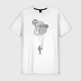 Мужская футболка премиум с принтом Космонавт в Курске, 92% хлопок, 8% лайкра | приталенный силуэт, круглый вырез ворота, длина до линии бедра, короткий рукав | абстракция | астронавт | в космосе | космонавт | космос | планета | планеты | шарики
