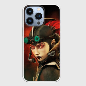 Чехол для iPhone 13 Pro с принтом Девушка в стиле стимпанк в Курске,  |  | black | eyes | face | fiction | girl | green | lips | look | microphone | piercing | style | tail | young | взгляд | волосы | глаза | губы | девушка | женщина | зеленый | костюм | красный | лицо | макияж | механизм | микрофон | молодая