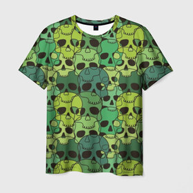 Мужская футболка 3D с принтом Зеленые черепа в Курске, 100% полиэфир | прямой крой, круглый вырез горловины, длина до линии бедер | anger | black | death | drawing | green | horror | illustration | lime | look | marsh | scary | skull | terrible | болотный | взгляд | зеленый | злость | иллюстрация | рисунок | салатовый | страшный | ужас | ужасный | черепа | черный