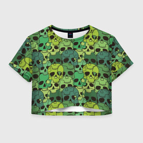 Женская футболка Cropp-top с принтом Зеленые черепа в Курске, 100% полиэстер | круглая горловина, длина футболки до линии талии, рукава с отворотами | anger | black | death | drawing | green | horror | illustration | lime | look | marsh | scary | skull | terrible | болотный | взгляд | зеленый | злость | иллюстрация | рисунок | салатовый | страшный | ужас | ужасный | черепа | черный