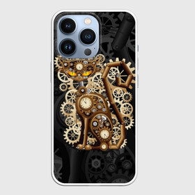 Чехол для iPhone 13 Pro с принтом Кошка в стиле стимпанк в Курске,  |  | brow | cat | cats | cool | eyes | gear | iron | kitty | meow | punk | steel | style | tail | vintage | yellow | винт | винтаж | время | гайка | глаза | графика | железо | желтый | когти | колесо | коричневый | котики | котэ | кошка | лапы | механизм | мор