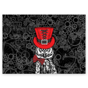 Поздравительная открытка с принтом Сова в цилиндре в Курске, 100% бумага | плотность бумаги 280 г/м2, матовая, на обратной стороне линовка и место для марки
 | bird | black | bow | fe | gentleman | gray | hat | look | owl | predator | red | retro | steampunk | style | white | wild | бант | белый | взгляд | галстук бабочка | джентльмен | дикий | клюв | красный | мудрость | перья | полосатый | птица | ретро | серы