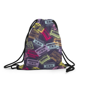 Рюкзак-мешок 3D с принтом Разноцветные кассеты в Курске, 100% полиэстер | плотность ткани — 200 г/м2, размер — 35 х 45 см; лямки — толстые шнурки, застежка на шнуровке, без карманов и подкладки | audio | drawing | green | mauve | multicolored | music | purple | retro | turquoise | vintage | yellow | аудио | бирюза | винтаж | желтый | зеленый | кассета | лиловый | музыка | разноцветные | ретро | рисунок | фиолетовый