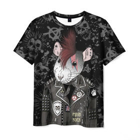 Мужская футболка 3D с принтом Крыса в косухе в Курске, 100% полиэфир | прямой крой, круглый вырез горловины, длина до линии бедер | anarchy | clothes | cool | earring | hairstyle | hamster | icon | jacket | mohawk | mouse | music | muzzle | piercing | punk | rat | riveting | rock | skull | spikes | анархия | значок | ирокез | к | клепки | круто | крыса | куртка | музыка | мышь