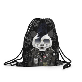 Рюкзак-мешок 3D с принтом Панда в косухе в Курске, 100% полиэстер | плотность ткани — 200 г/м2, размер — 35 х 45 см; лямки — толстые шнурки, застежка на шнуровке, без карманов и подкладки | anarchy | bear | color | cool | icon | jacket | mohawk | music | panda | piercing | punk | purple | rock | skull | white | аксессуар | анархия | белый | значок | ирокез | круто | куртка | медведь | музыка | одежда | очки | панда | панк |