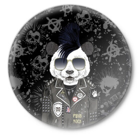 Значок с принтом Панда в косухе в Курске,  металл | круглая форма, металлическая застежка в виде булавки | Тематика изображения на принте: anarchy | bear | color | cool | icon | jacket | mohawk | music | panda | piercing | punk | purple | rock | skull | white | аксессуар | анархия | белый | значок | ирокез | круто | куртка | медведь | музыка | одежда | очки | панда | панк |