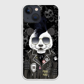 Чехол для iPhone 13 mini с принтом Панда в косухе в Курске,  |  | Тематика изображения на принте: anarchy | bear | color | cool | icon | jacket | mohawk | music | panda | piercing | punk | purple | rock | skull | white | аксессуар | анархия | белый | значок | ирокез | круто | куртка | медведь | музыка | одежда | очки | панда | панк |