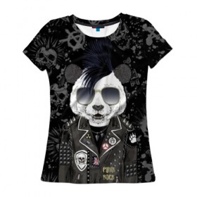 Женская футболка 3D с принтом Панда в косухе в Курске, 100% полиэфир ( синтетическое хлопкоподобное полотно) | прямой крой, круглый вырез горловины, длина до линии бедер | Тематика изображения на принте: anarchy | bear | color | cool | icon | jacket | mohawk | music | panda | piercing | punk | purple | rock | skull | white | аксессуар | анархия | белый | значок | ирокез | круто | куртка | медведь | музыка | одежда | очки | панда | панк |