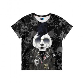 Детская футболка 3D с принтом Панда в косухе в Курске, 100% гипоаллергенный полиэфир | прямой крой, круглый вырез горловины, длина до линии бедер, чуть спущенное плечо, ткань немного тянется | Тематика изображения на принте: anarchy | bear | color | cool | icon | jacket | mohawk | music | panda | piercing | punk | purple | rock | skull | white | аксессуар | анархия | белый | значок | ирокез | круто | куртка | медведь | музыка | одежда | очки | панда | панк |