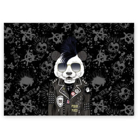 Поздравительная открытка с принтом Панда в косухе в Курске, 100% бумага | плотность бумаги 280 г/м2, матовая, на обратной стороне линовка и место для марки
 | anarchy | bear | color | cool | icon | jacket | mohawk | music | panda | piercing | punk | purple | rock | skull | white | аксессуар | анархия | белый | значок | ирокез | круто | куртка | медведь | музыка | одежда | очки | панда | панк |