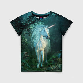 Детская футболка 3D с принтом Единорог в Курске, 100% гипоаллергенный полиэфир | прямой крой, круглый вырез горловины, длина до линии бедер, чуть спущенное плечо, ткань немного тянется | Тематика изображения на принте: animal | beautiful | blue | fantasy | green | hooves | horn | horse | magi | mushrooms | nature | night | unicorn | white | белый | волшебство | грибы | грива | единорог | животное | зеленый | иллюстрация | копыта | лес | лошадь | мифология | но