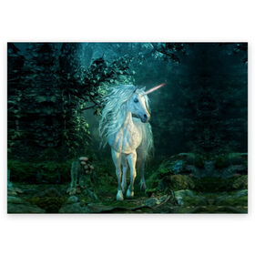 Поздравительная открытка с принтом Единорог в Курске, 100% бумага | плотность бумаги 280 г/м2, матовая, на обратной стороне линовка и место для марки
 | animal | beautiful | blue | fantasy | green | hooves | horn | horse | magi | mushrooms | nature | night | unicorn | white | белый | волшебство | грибы | грива | единорог | животное | зеленый | иллюстрация | копыта | лес | лошадь | мифология | но