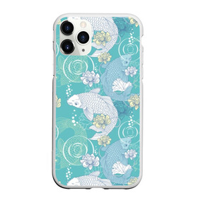 Чехол для iPhone 11 Pro матовый с принтом Карпы Кои в Курске, Силикон |  | blue | bubbles | carp koi | fauna | fin | fish | flora | flower | green | japan | japanese | lake | lotus | plant | pond | scales | tail | water | white | белый | вода | зелёный | карп кои | лотос | озеро | плавник | пруд | пузыри | растение | р