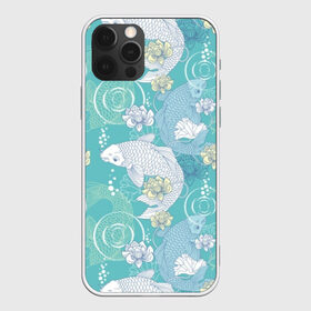 Чехол для iPhone 12 Pro Max с принтом Карпы Кои в Курске, Силикон |  | blue | bubbles | carp koi | fauna | fin | fish | flora | flower | green | japan | japanese | lake | lotus | plant | pond | scales | tail | water | white | белый | вода | зелёный | карп кои | лотос | озеро | плавник | пруд | пузыри | растение | р