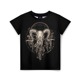 Детская футболка 3D с принтом Овен в ловце снов в Курске, 100% гипоаллергенный полиэфир | прямой крой, круглый вырез горловины, длина до линии бедер, чуть спущенное плечо, ткань немного тянется | Тематика изображения на принте: aries | black | charm | cobweb | dream catcher | ethnic | feathers | goat | horns | mystic | national | ram | skeleton | skull | taurus | totem | баран | гороскоп | знак зодиака | козел | ловец снов | мистика | национальный | оберег | овен | паутина | пер