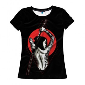 Женская футболка 3D с принтом Девушка с мечом в Курске, 100% полиэфир ( синтетическое хлопкоподобное полотно) | прямой крой, круглый вырез горловины, длина до линии бедер | beauty | black | brunette | cool | girl | gray | japan | japanese | mafia | red | samurai | sun | sword | tattoo | white | woman | yakuza | young | белый | брюнетка | девушка | женщина | красный | красотка | круто | мафия | меч | молодая | самурайский | с